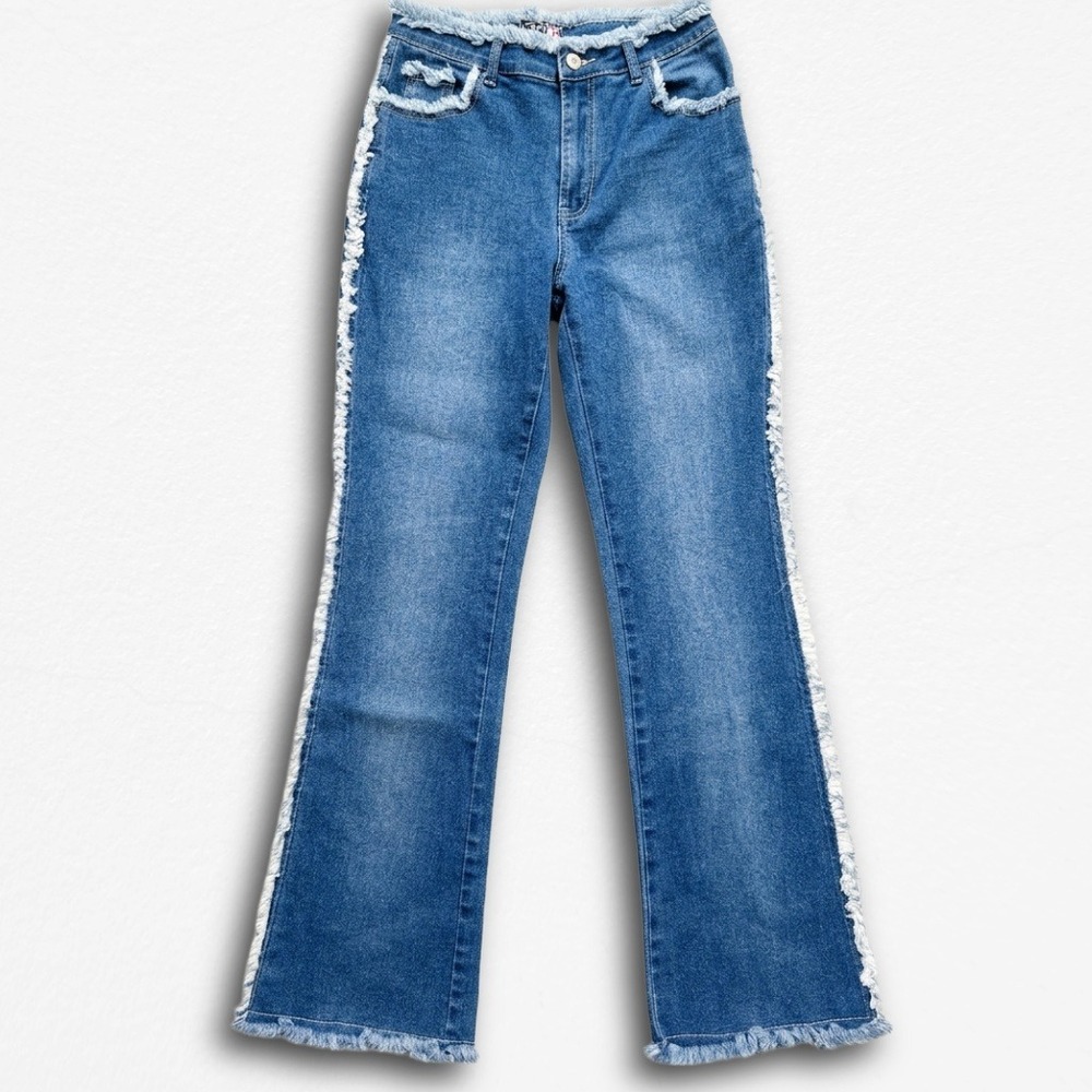 Maxi For Ladies Blue‎ Fringe Trim Denim Jeans Y2K Flare Bootcut Size 7/8